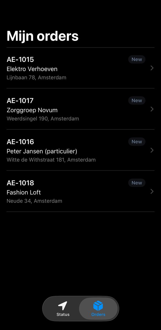 Driver app list of the driver's own orders with order number, customer, address and status