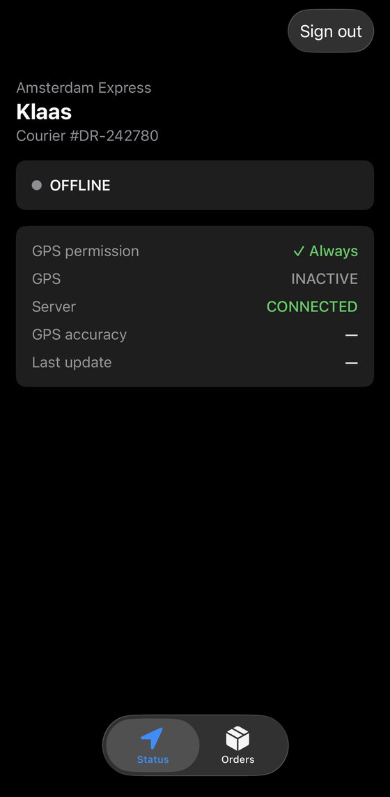 Driver app status screen with the driver's name, online status, GPS permission, GPS state and server connection